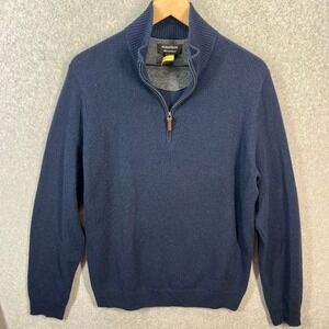 Nordstrom Mens M 100% Cashmere Quarter Zip Sweater Navy Blue Ribbed Mock Neck